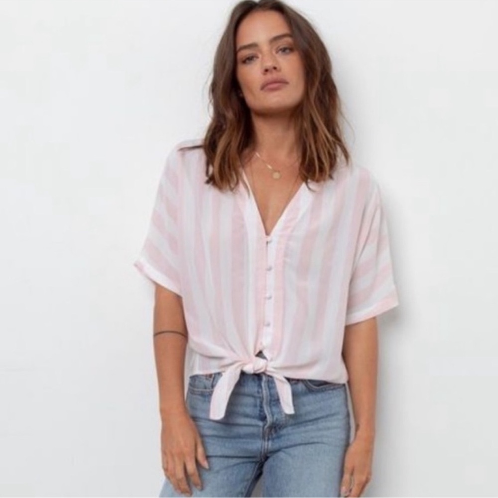 RAILS Marley Lotus Stripe Button Front Shirt Linen Blend White Pink Gold
